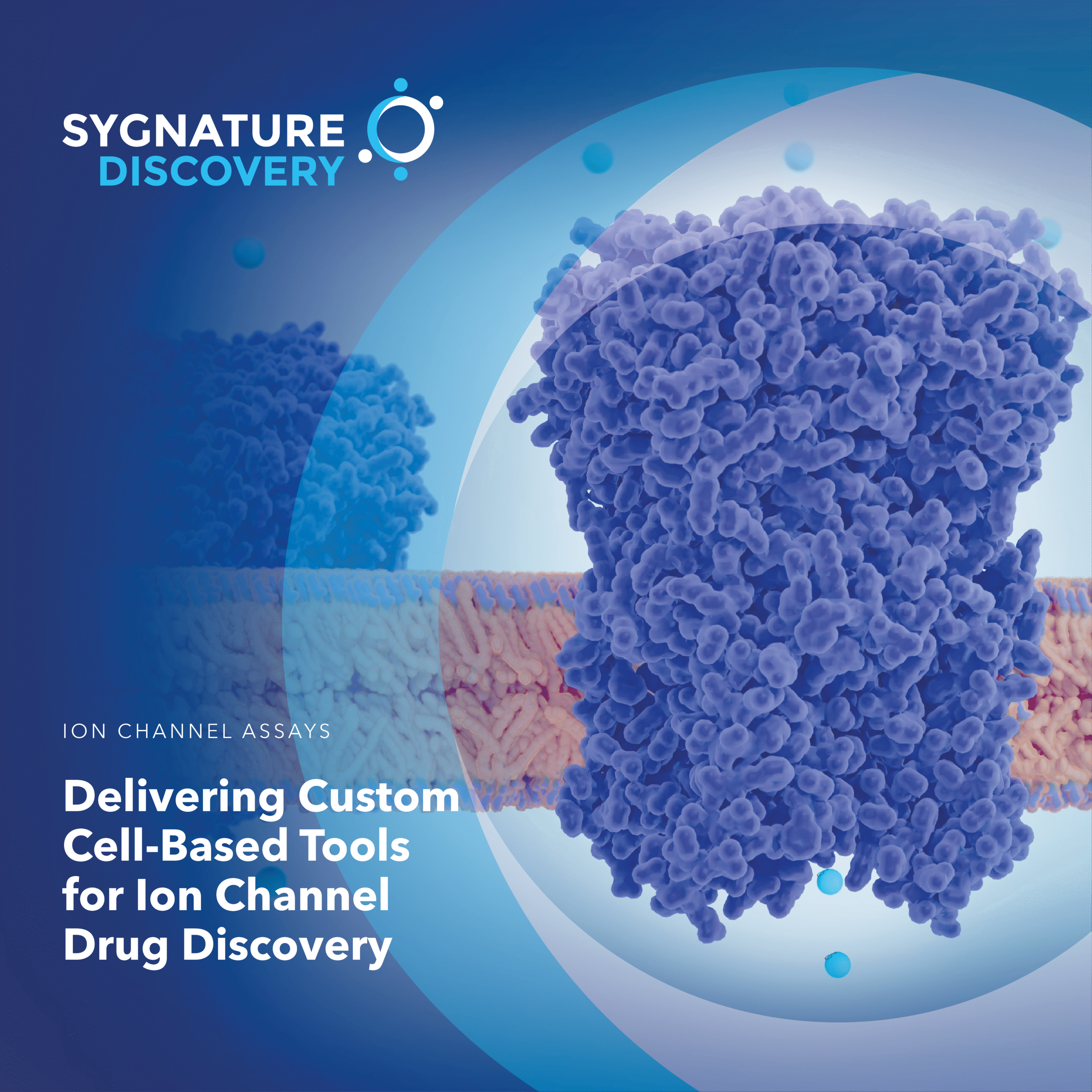 Front cover of Sygnature Discovery's Ion Channel Drug Discovery eBook, featuring title text and graphic elements representing custom assay platforms and electrophysiology.