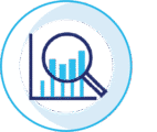 icon representing radiolabelled uptake assays for SLC transporter analysis, featuring a magnifying glass over a bar chart to symbolise sensitive measurement and quantification of substrate transport.