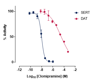 Inhibition curves showing the % activity of SERT and DAT transporters in a fluorescence-based assay following clomipramine treatment, demonstrating differential potency across targets.